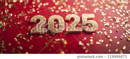 Golden 2025 numbers surrounded by festive confetti 119999873