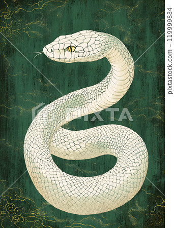 White snake coils on green backdrop White snake coils on green backdrop 119999884