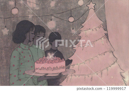 Friends celebrating a winter holiday with cake 119999917