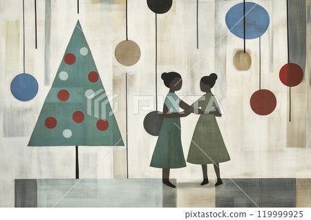 Two women dancing near a Christmas tree decor 119999925