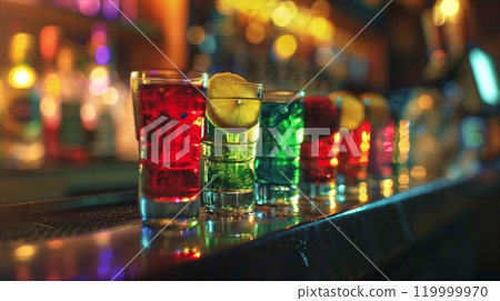 set of small colorful shooters cocktails on bar counter in nightclub, alcohol drink shots in a row, nightlife and party concept 119999970