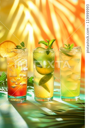 set of colorful summer fruit cocktails, cold tropical alcohol drinks with ice, party and vacation concept 119999993