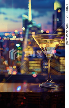 colorful drink in martini glass and big night city background, illuminated light skyline with skyscrapers, nightclub and party concept 120000021