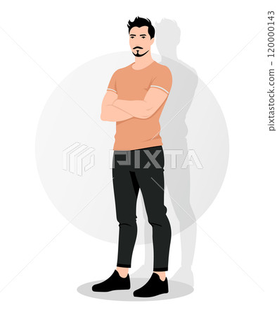 A young man in an orange T-shirt and black trousers stands with his arms crossed. A contrasting and stylish look suitable for sports and casual situations. 120000143