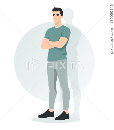 A man in a grey-green T-shirt and dark trousers with his arms crossed and a relaxed pose. Comfortable and casual style suitable for modern men. 120000146