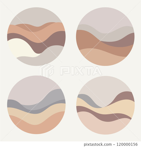 A composition of round shapes with the sun and abstract hills. Natural, neutral tones and smooth lines symbolize peace and natural harmony. 120000156