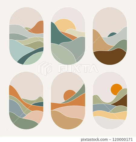 Abstract shapes with natural motifs in a warm color palette with bright accents creating the effect of the sun and sunset. Abstract shapes with natural motifs in a warm color palette with bright accents creating the effect of the sun and sunset. 120000171