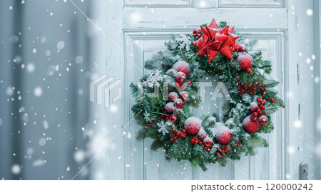 Christmas wreath at house entrance, festive New Year decoration on front door, holidays concept 120000242