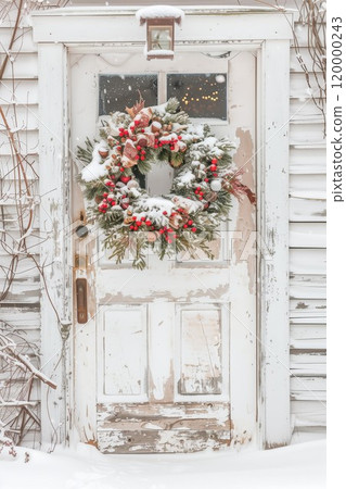 Christmas wreath at house entrance, festive New Year decoration on front door, holidays concept 120000243