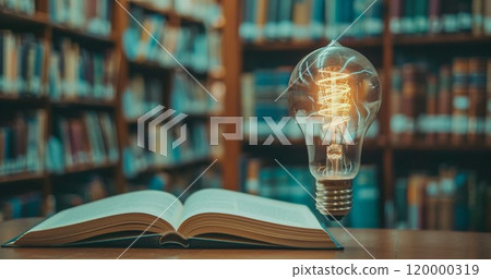 illuminated light bulb and open book in university library, education and study background, intelligence and learning banner, brainstorm idea and creativity concept illuminated light bulb and open book in university library, education and study background, intelligence and learning banner, brainstorm idea and creativity concept 120000319