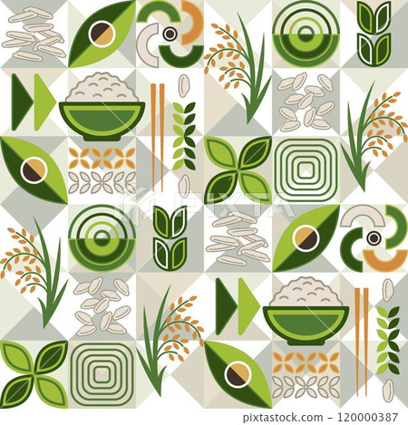 Seamless pattern with icons of traditional White Rice, geometric shapes on white mosaic background. For branding, decoration of food package, prints Seamless pattern with icons of traditional White Rice, geometric shapes on white mosaic background. For branding, decoration of food package, prints 120000387