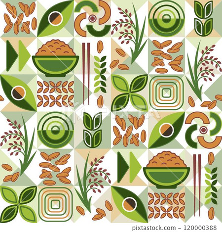 Seamless pattern with icons of brown rice, geometric shapes on mosaic background. For branding, decoration of food package, prints Seamless pattern with icons of brown rice, geometric shapes on mosaic background. For branding, decoration of food package, prints 120000388
