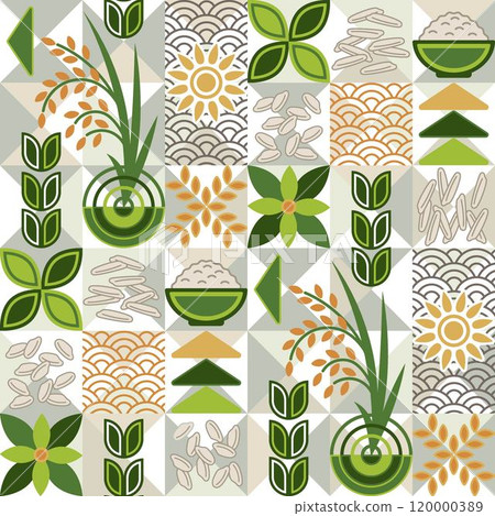Seamless pattern with icons of traditional White Rice, traditional asian outline ornament, geometric shapes on white mosaic background. For branding, decoration of food package, prints Seamless pattern with icons of traditional White Rice, traditional asian outline ornament, geometric shapes on white mosaic background. For branding, decoration of food package, prints 120000389