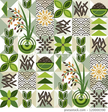 Seamless pattern with icons of wild black rice, traditional asian outline ornament, geometric shapes on mosaic background. For branding, decoration of food package, prints Seamless pattern with icons of wild black rice, traditional asian outline ornament, geometric shapes on mosaic background. For branding, decoration of food package, prints 120000390