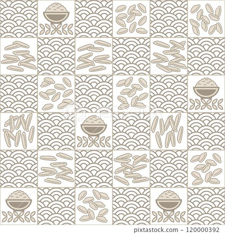 Seamless geometric checkered pattern with icons of traditional white rice, outline fan shaped ornament. Square ornament grid. For branding, food packaging, prints 120000392