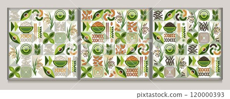 Set of seamless patterns with icons of white, black, brown rice, geometric shapes on mosaic background. For branding, decoration of food package, prints 120000393