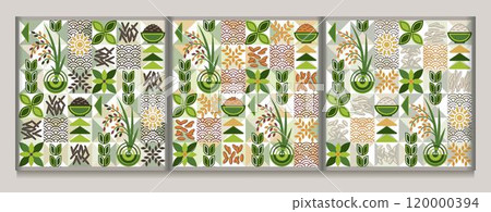 Set of seamless patterns with icons of white, black, brown rice, traditional asian outline ornament, geometric shapes on mosaic background. For branding, decoration of food package, prints 120000394
