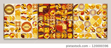 Seamless patterns with icons of Cheese, text, abstract shapes in flat simple geometric style. Mosaic background. For branding, decoration of food packaging, textile kitchen prints Seamless patterns with icons of Cheese, text, abstract shapes in flat simple geometric style. Mosaic background. For branding, decoration of food packaging, textile kitchen prints 120000396