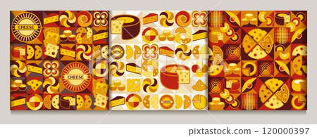 Seamless patterns with icons of Cheese, abstract shapes in flat simple geometric style. Mosaic background. For branding, decoration of food packaging, textile kitchen prints Seamless patterns with icons of Cheese, abstract shapes in flat simple geometric style. Mosaic background. For branding, decoration of food packaging, textile kitchen prints 120000397