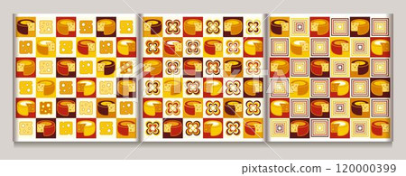 Seamless geometric checkered patterns with icons of Cheese, abstract shapes in flat simple geometric style. Classic checkered square grid. For branding, food packaging, textile kitchen prints Seamless geometric checkered patterns with icons of Cheese, abstract shapes in flat simple geometric style. Classic checkered square grid. For branding, food packaging, textile kitchen prints 120000399