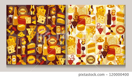Set of seamless patterns with icons of Cheese, beer, wine, abstract shapes in flat simple geometric style. Mosaic background behind. Set of seamless patterns with icons of Cheese, beer, wine, abstract shapes in flat simple geometric style. Mosaic background behind. 120000400