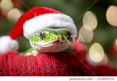 Holiday green snake in a Santa hat 120000538