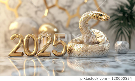 Golden snake and 2025 text on a marble surface 120000554