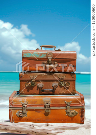 stack of old fashioned vintage suitcases on sunny beach with white sand and blue water, travel vacations and holidays concept background 120000600