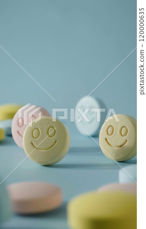 set of antidepressant pills with smiling faces, painkillers for pain and depression relief 120000635