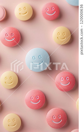 set of antidepressant pills with smiling faces, painkillers for pain and depression relief 120000636
