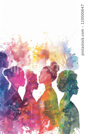 colourful illustration of multiple women portrait, female diversity and beauty concept, abstract colorful painting of diverse people 120000647