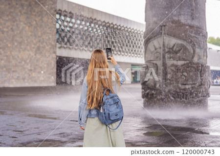 Female tourist exploring the National Museum of Anthropology in Mexico City. Cultural heritage and historical exploration concept 120000743