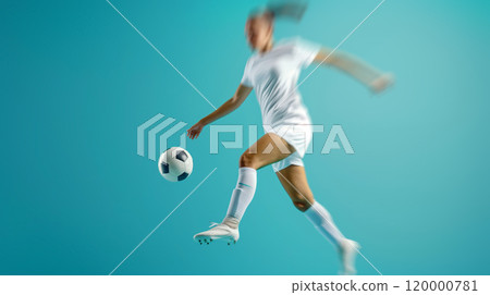 professional football player woman kick ball on blue background studio shot, person kicking shot, female soccer game concept, 120000781