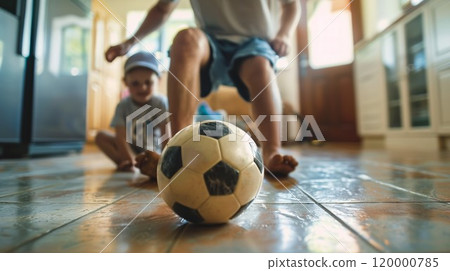 father playing soccer with son at home, man play football with kid at living room, person kick ball 120000785