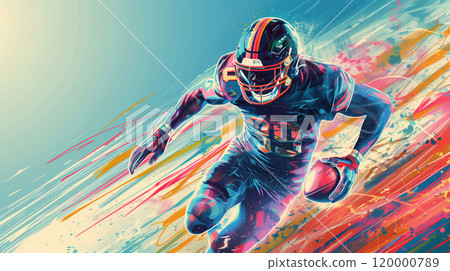 vibrant colourful illustration of american football player running with ball, sport athlete run poster, competition and action concept vibrant colourful illustration of american football player running with ball, sport athlete run poster, competition and action concept 120000789