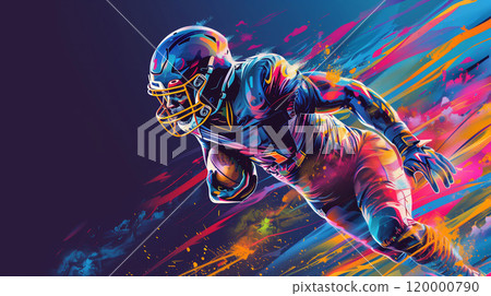 vibrant colourful illustration of american football player running with ball, sport athlete run poster, competition and action concept 120000790