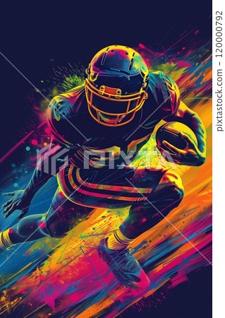 vibrant colourful illustration of american football player running with ball, sport athlete run poster, competition and action concept 120000792