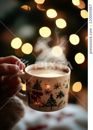 Enjoying a warm cup of holiday coffee by the tree 120000867