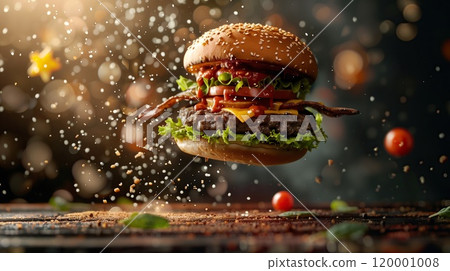 Delicious burger with flying ingredients. Creative photography of food on a dark background with bokeh Delicious burger with flying ingredients. Creative photography of food on a dark background with bokeh 120001008