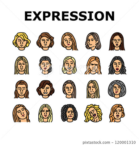 facial expression female smile icons set vector 120001310