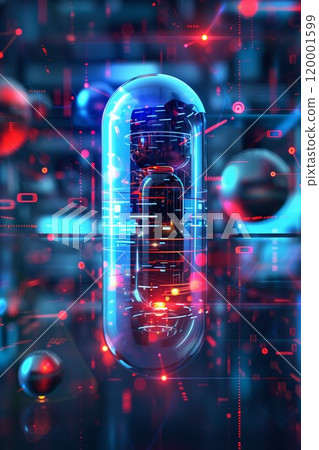 digital pill with medical data, healthcare research and pharmaceutical technology development concept 120001599
