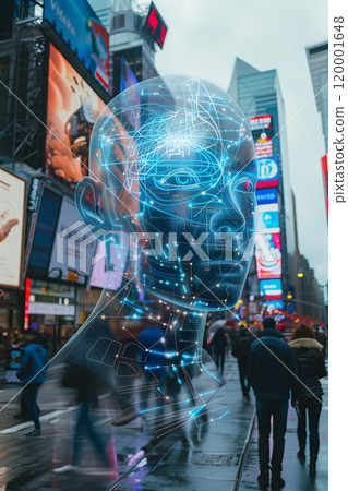 biometric digital identity and automatic face scanning in big city, person recognition technology concept 120001648