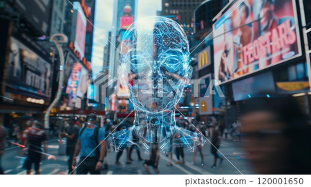 biometric digital identity and automatic face scanning in big city, person recognition technology concept 120001650
