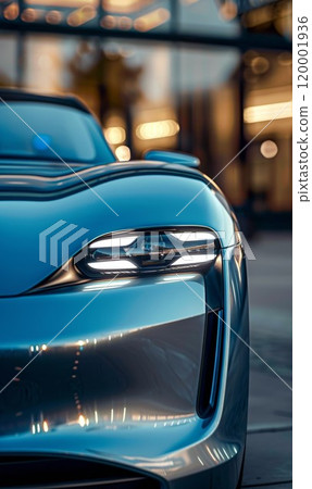 front view of modern aggressive luxury car, headlight lamp, fancy expensive status sports vehicle, closeup view of head lamp 120001936