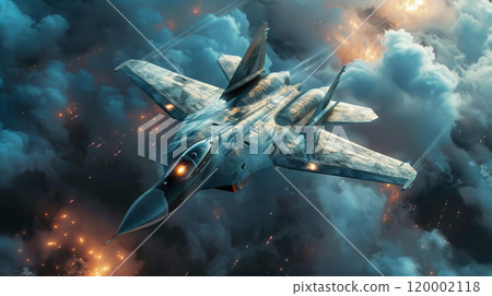 modern generation combat air fighter jet in sky, advanced stealth military aircraft flying 120002118