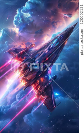 futuristic air space fighter jet, military fiction aircraft taking combat, fantastic army jet, sci-fi cosmos wars concept 120002131