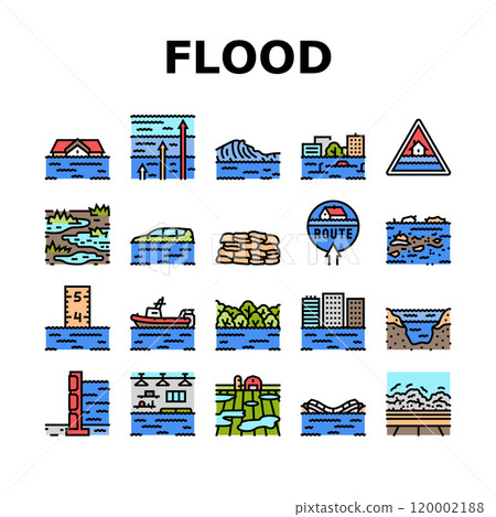 flood water disaster rain icons set vector 120002188