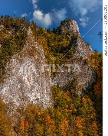 Scenic Sokolica Mountain Peak as seen from the raft traveling along Dunajec river gorge 120002205