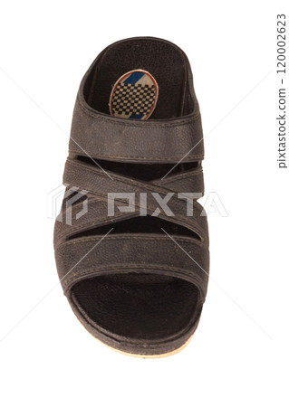 Modern color black sandals isolated on white background Used 120002623