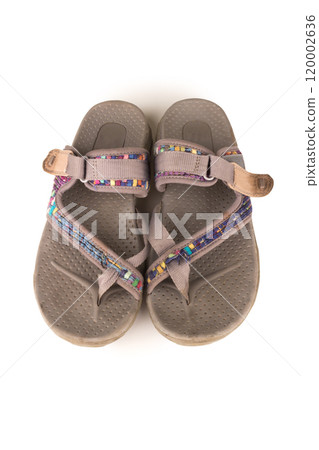 Modern grey sandals isolated on white background Used 120002636